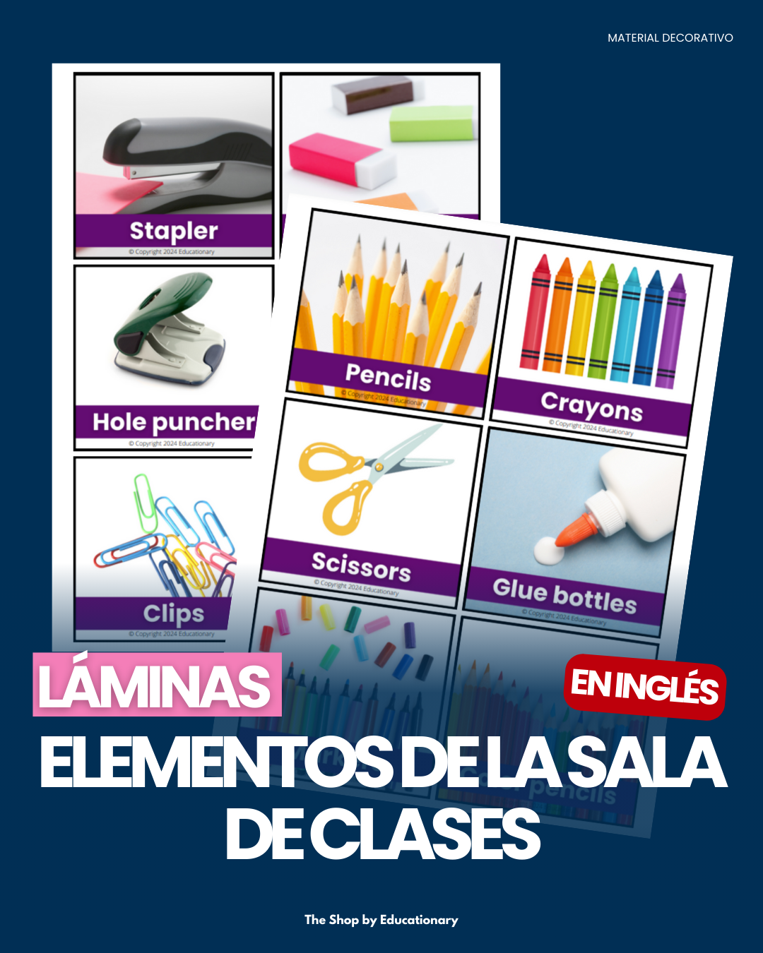 Set 27 palabras (en inglés) - classroom items (Imágenes reales)