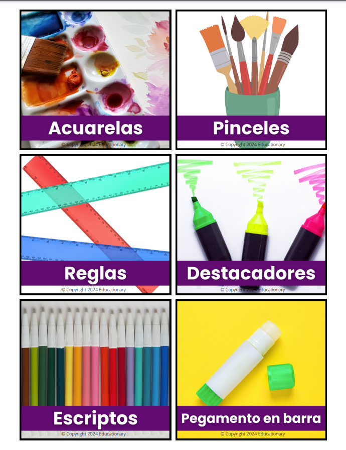 Set 26 palabras - elementos de la sala de clases (Imágenes reales)